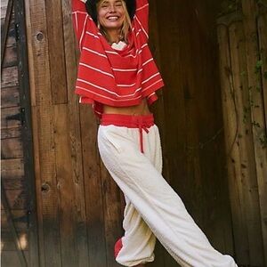 FP Movement by Free People Cuddle Up White Plush Joggers with Red Waistband